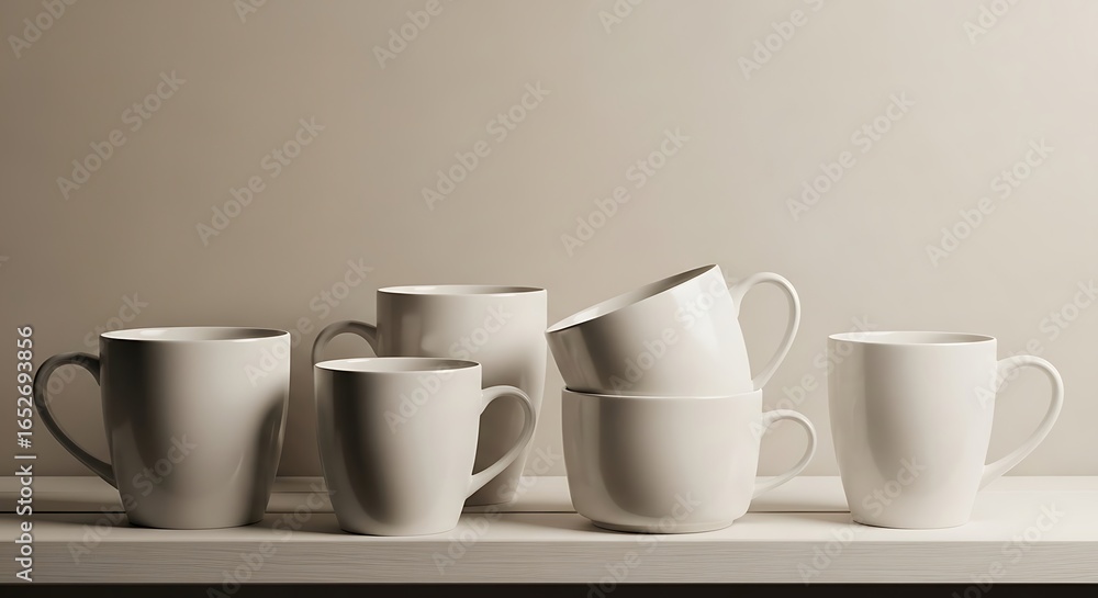 Fototapeta premium Minimalist composition showcasing several white ceramic mugs on a light surface