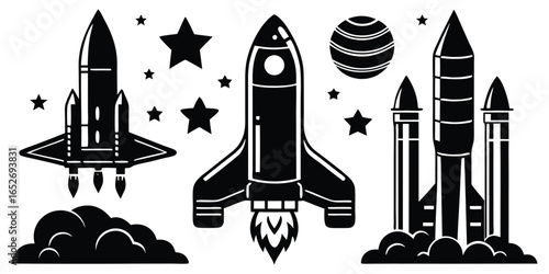 Vintage space rocket launch silhouette with stars and smoke trail