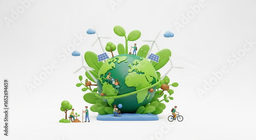 Save the planet concept with wind turbines, solar panels, and sustainable living
