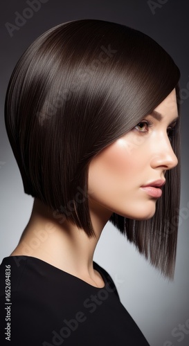 Elegant brunette model with a perfect asymmetrical bob hairstyle and healthy glossy hair