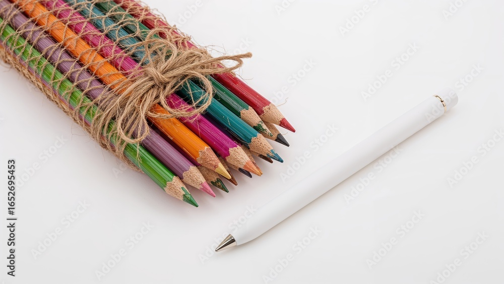 Naklejka premium Collection of bright pencils wrapped with hemp cord