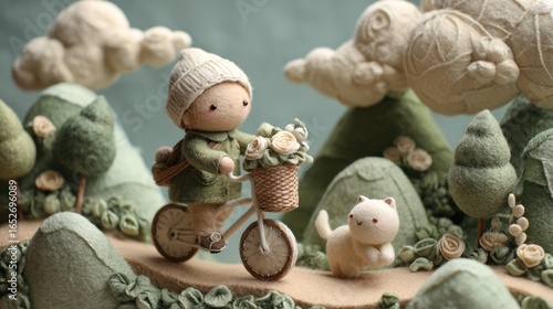 A whimsical diorama features a child on a bicycle carrying flowers, accompanied by a small cat, amidst stylized hills and clouds