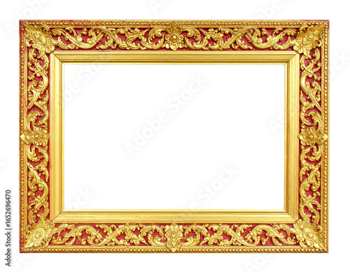 Ornate gold and red rectangular picture frame with intricate traditional Thai floral carvings.