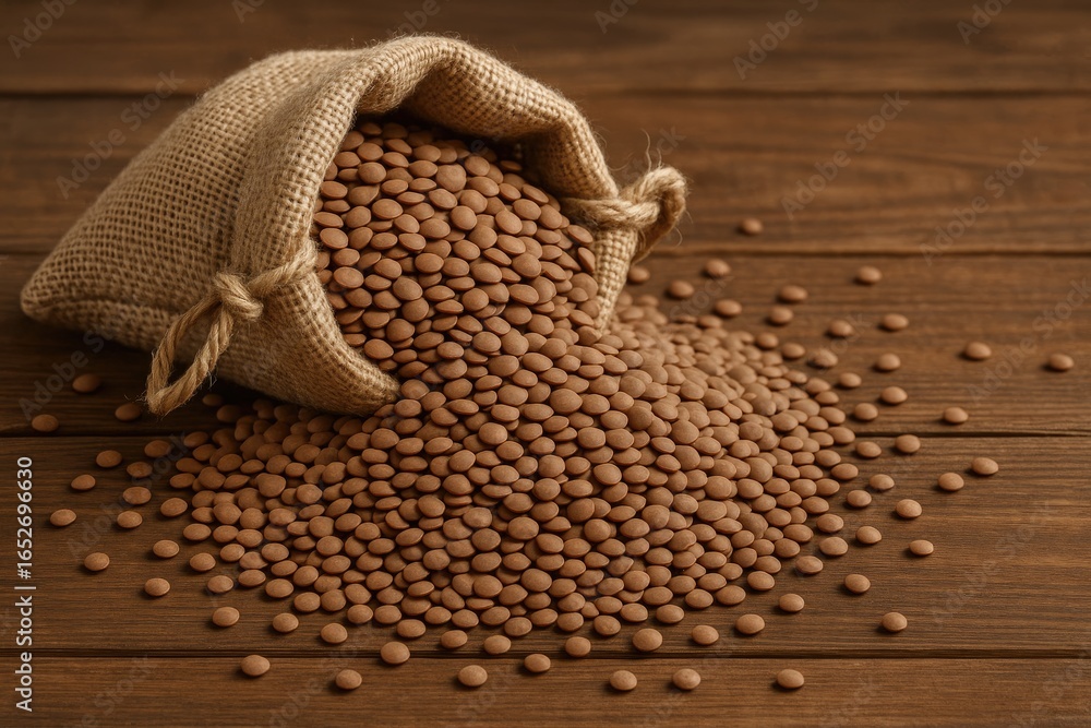 Obraz premium Close-up of a brown lentil placed on a wooden tabletop