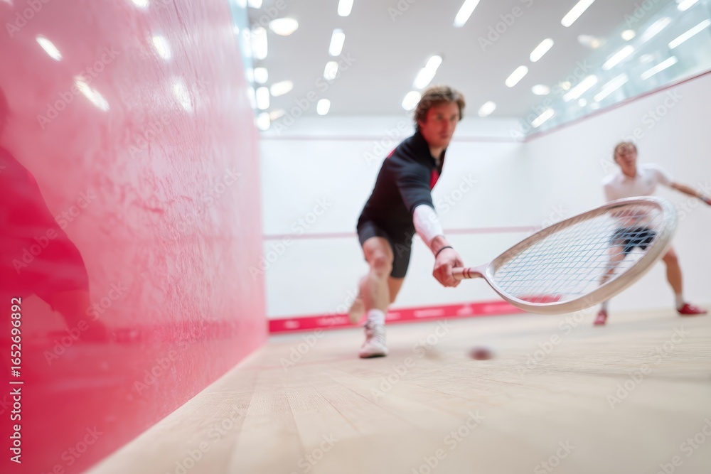 Fototapeta premium Two men playing an intense squash match on a brightly lit indoor court, with one player reaching for the ball near the front wall