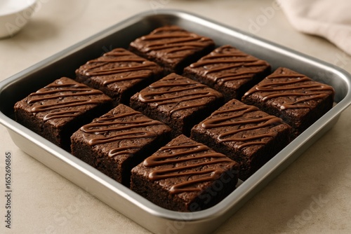 Tray of freshly baked brownies ready to serve