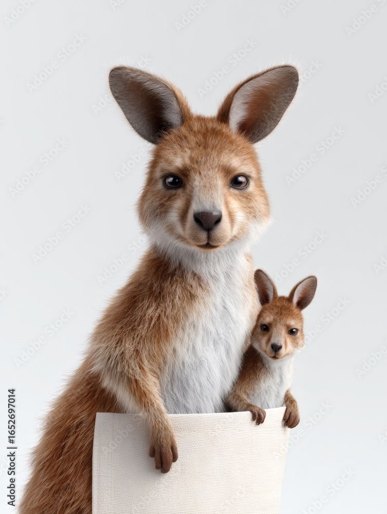 Fototapeta premium An ultra detailed 8k 3D cartoon showcases a kangaroo mother and her joey looking out from her pouch in a heartwarming depiction of familial bond and protection.