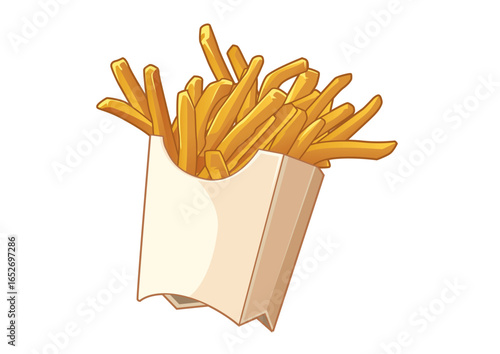 Delicious golden french fries in a paper container, perfect for snacking and sharing.