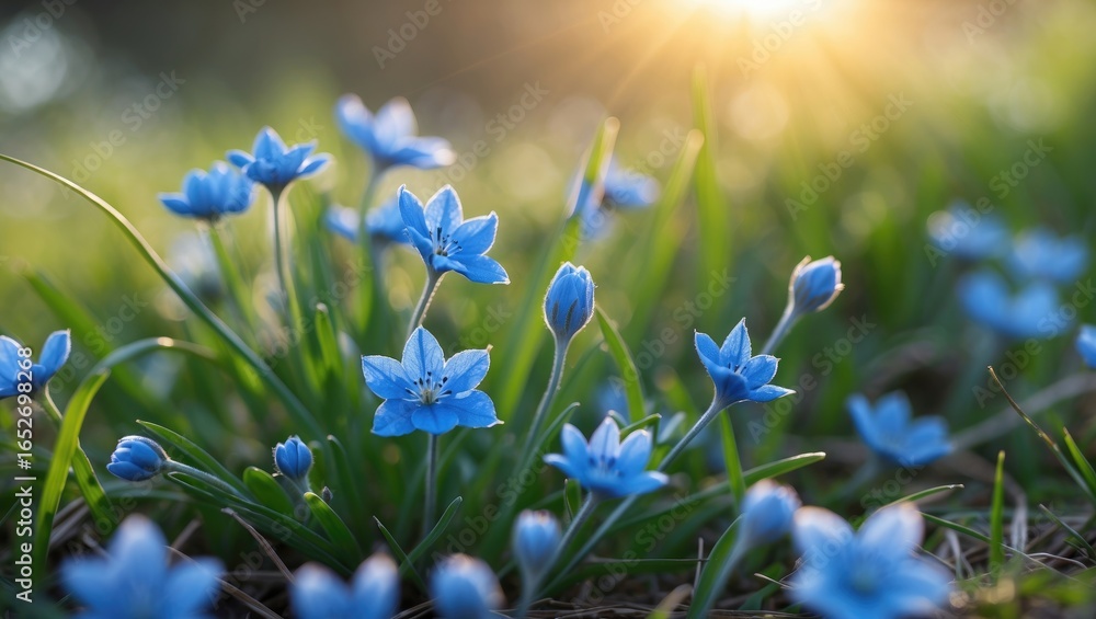 Fototapeta premium Delicate blue flowers glowing in the evening sunlight against lush grass