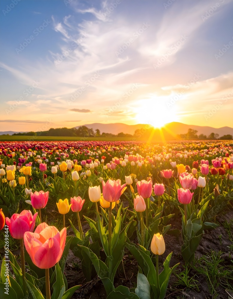 Obraz premium Sunset illuminates a vibrant field of blooming colorful tulips, creating a beautiful landscape.