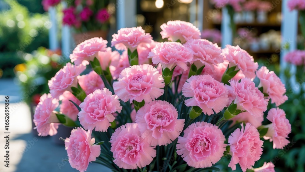 Obraz premium Display of Dianthus caryophyllus flowers outside a flower shop