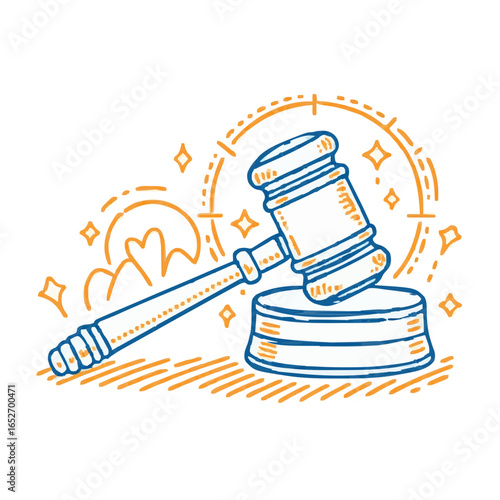 - Gavel and block illustration in blue and orange, justice symbol