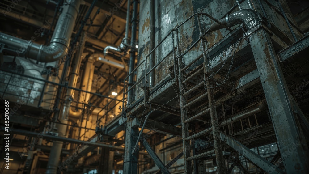 Close-up view of industrial machinery featuring a stationary ladder enclosed by a safety cage at a chemical processing silo. Close-up view of industrial machinery featuring a stationary ladder enclosed by a safety cage at a chemical processing silo.
