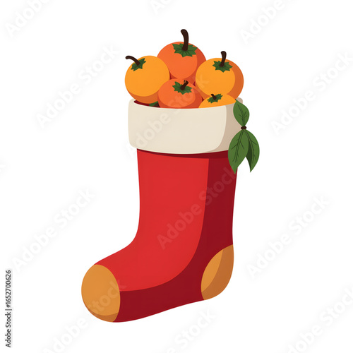 Traditional Christmas stocking filled with mandarins and greenery, holiday cheer