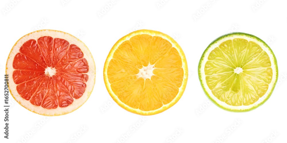 Fototapeta premium Fresh citrus fruit slices on white background