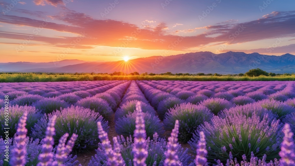 Obraz premium Lavender farm illuminated by evening light during summer