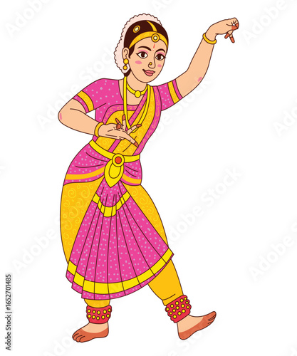Colorful vector of an Indian woman performing Bharatanatyam classical dance pose in traditional costume