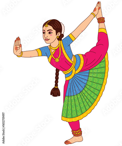Colorful vector of an Indian woman performing Bharatanatyam classical dance pose in traditional costume
