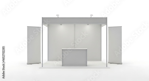Minimalist white trade show booth with rollup banners on a clean white background