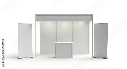 Realistic Exhibition Trade Fair Stand with Promotion Banners on White Background