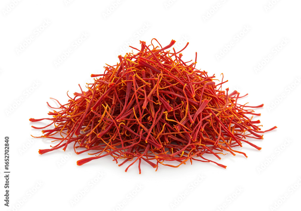 Fototapeta premium A close up shot of a pile of saffron threads on a white surface in a studio environment
