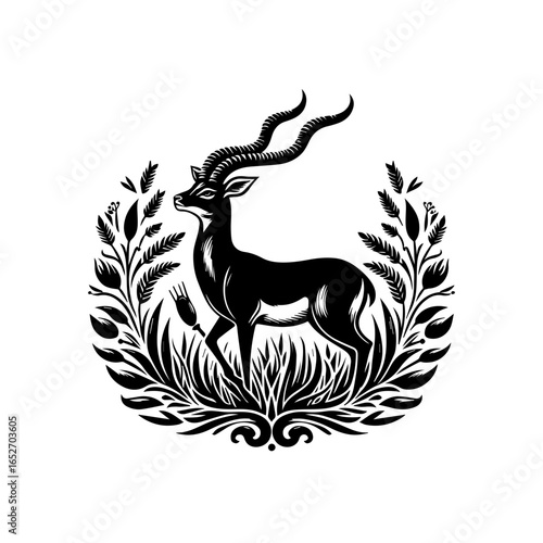Gazelle surrounded by leaves isolated on white background, a wild animal