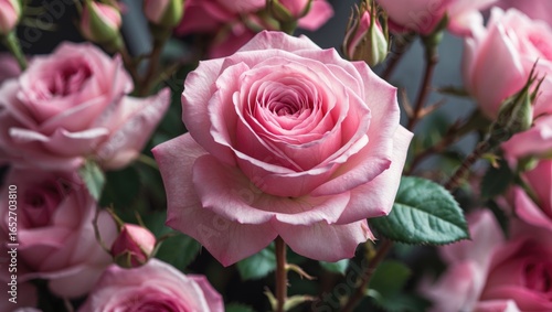 Macro shot of a pink rose flower still attached to a bouquet
