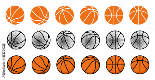 Set of basketball icons in multiple styles including flat
