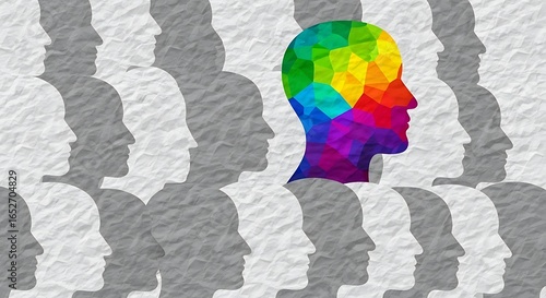 Creative thinking and individuality concept. Colorful human head profile standing out from a grey crowd representing uniqueness and innovation.