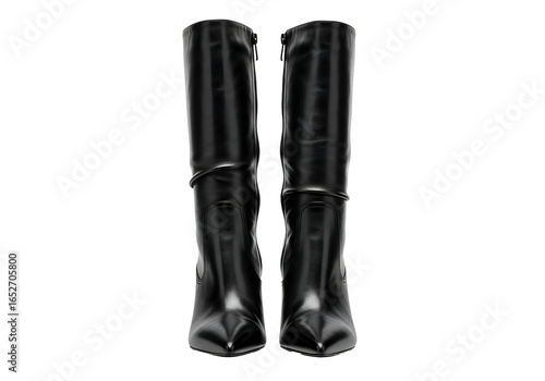 Pair of Stylish Black Leather Boots Isolated.