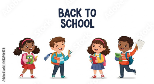 Back to school illustration - with happy children holding books and backpacks
