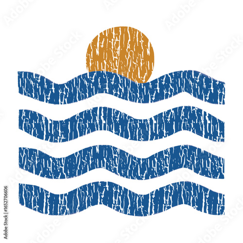 Simple graphic of ocean waves with a sunset.