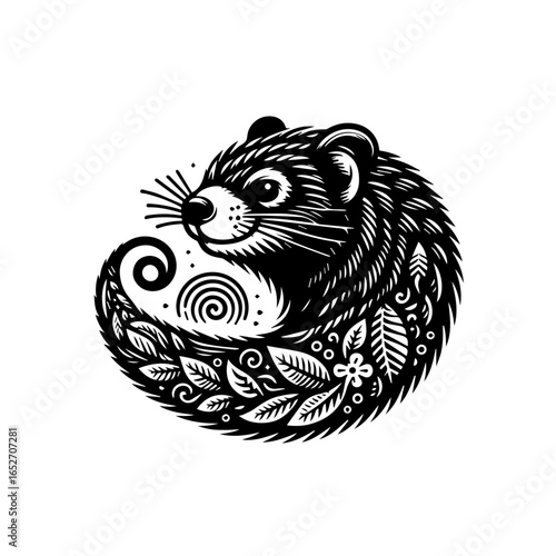 Cute marten with decorative elements isolated on white background