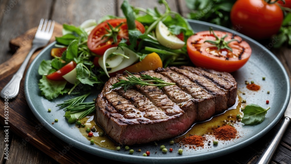 Barbecued steak accompanied by fresh garden produce Barbecued steak accompanied by fresh garden produce