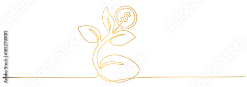 Money plant in One Continuous line drawing. Growing coin seeds symbol and finance investment increase concept.