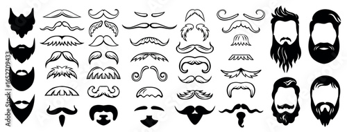 Beard and mustache set. Hipster barber icons with male face hair styles, black vintage retro signs for facial hair grooming design. Vector beards and mustaches collection