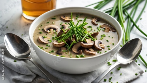 Chive-topped mushroom soup ...