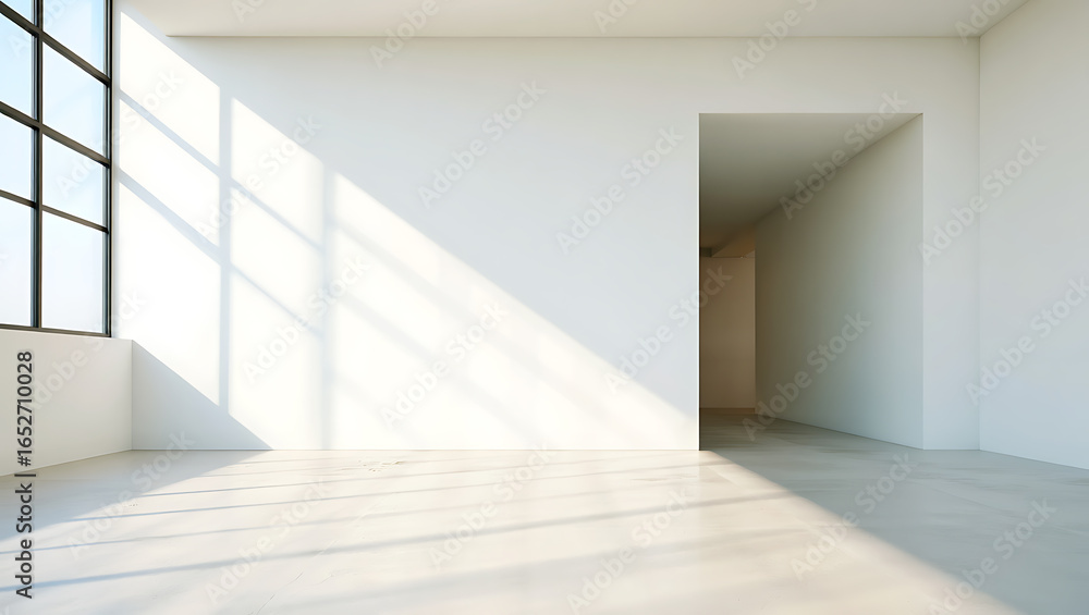 Obraz premium Bright empty interior with large window and doorway white sunlight
