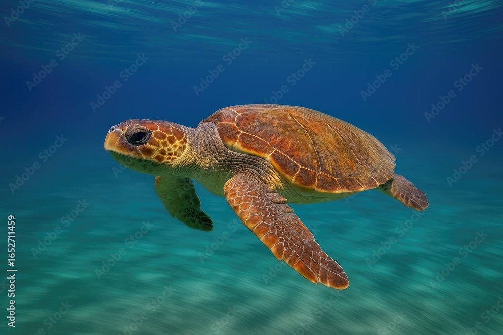 Fototapeta premium Swimming Loggerhead Turtle (Caretta caretta) with CPL filter, showcasing motion blur on a Mediterranean island