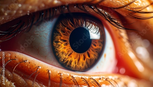 A mesmerizing macro view into a human eye, showcasing the intricate details and warm amber color of the iris, symbolizing sight and perception