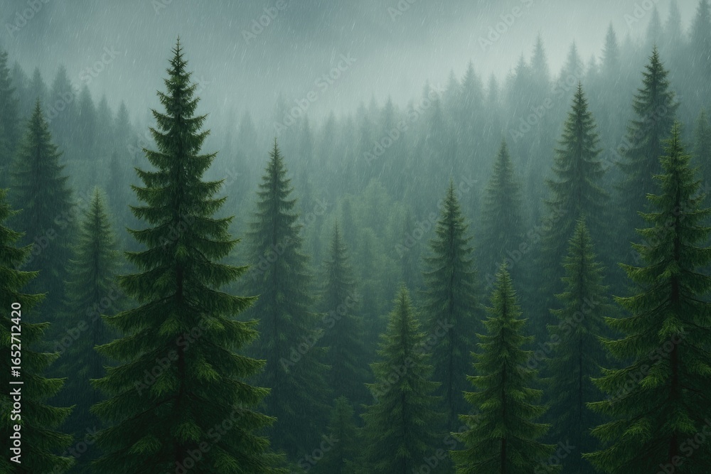 Fototapeta premium Captivating expansive perspective of a lush conifer forest in rainy weather