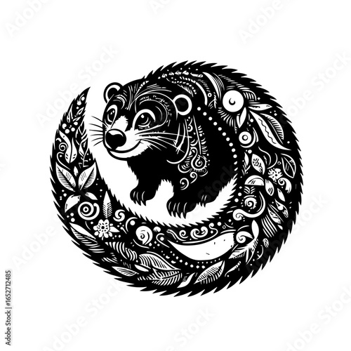 Cute wolverine with floral ornament, isolated on white background, illustration