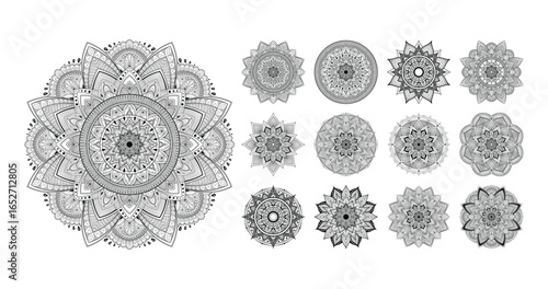 Mandala coloring set for adults, calming the mind, creativity and meditation. Vector black and white illustration, set of detailed elements for design.