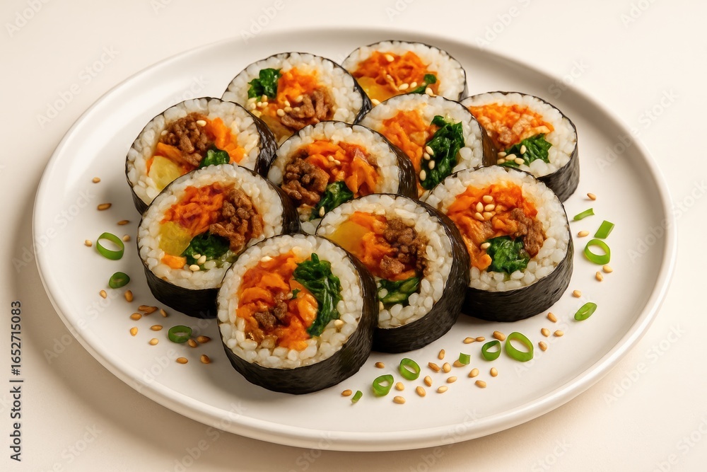 Traditional Korean gimbap, a rolled dish with rice and diverse fillings Traditional Korean gimbap, a rolled dish with rice and diverse fillings