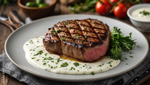 Juicy grilled meat accompan...