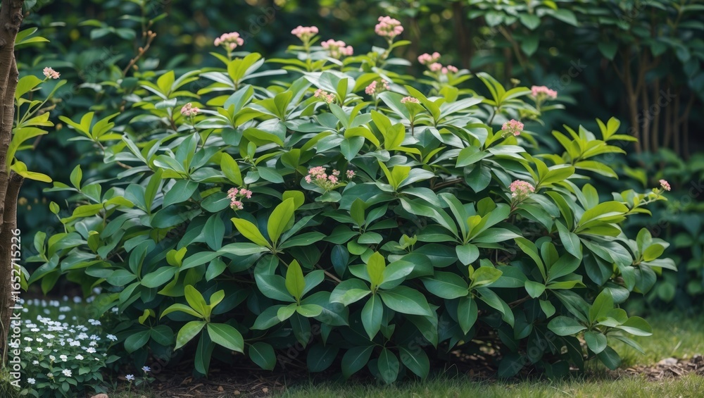 Fototapeta premium Unconventional leafy shrub with small flowers in a garden scene