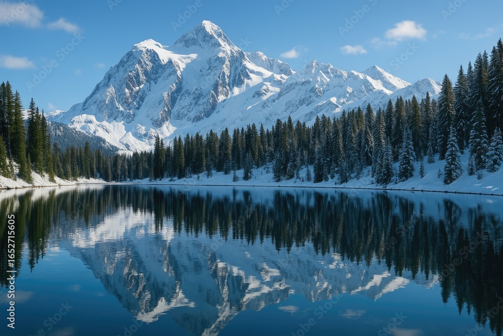 Stunning Snowy Mountain Range with Tranquil Lake Landscape Stunning Snowy Mountain Range with Tranquil Lake Landscape