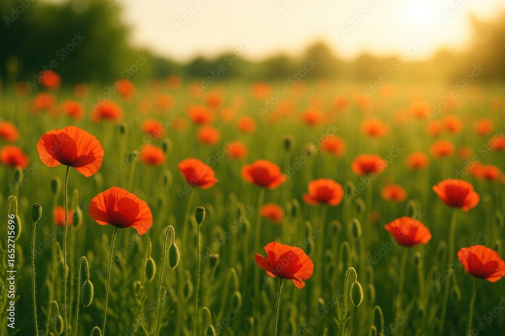 Naklejka premium Expansive landscape filled with vibrant poppy flowers