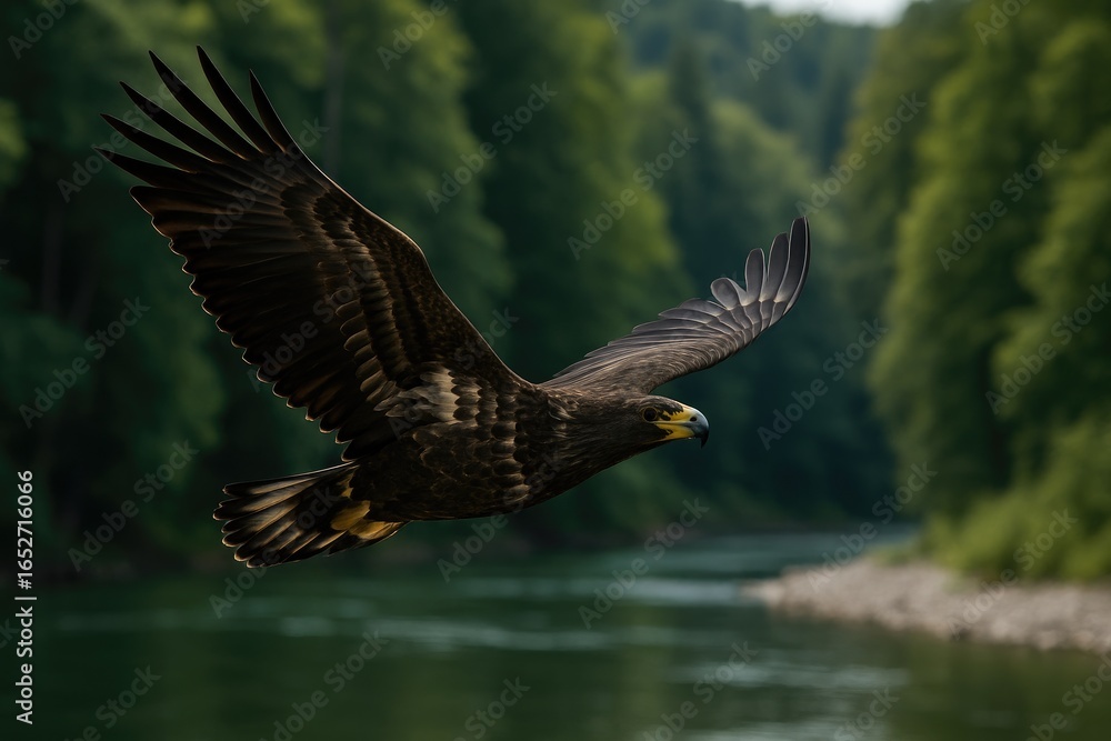 Obraz premium Juvenile bird gliding above a waterway