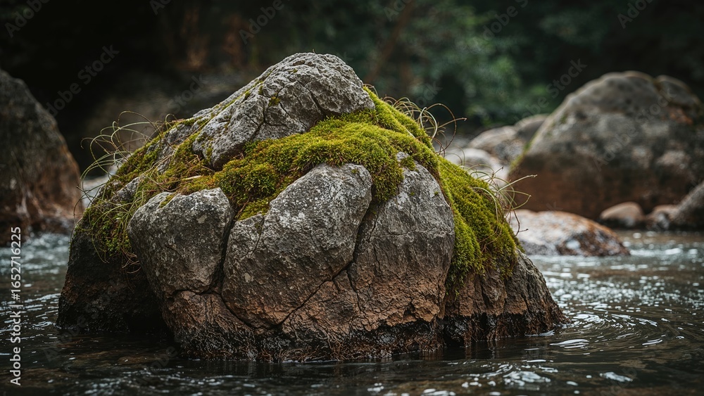 Fototapeta premium Scenic mossy rock formation alongside a flowing river in a lush valley